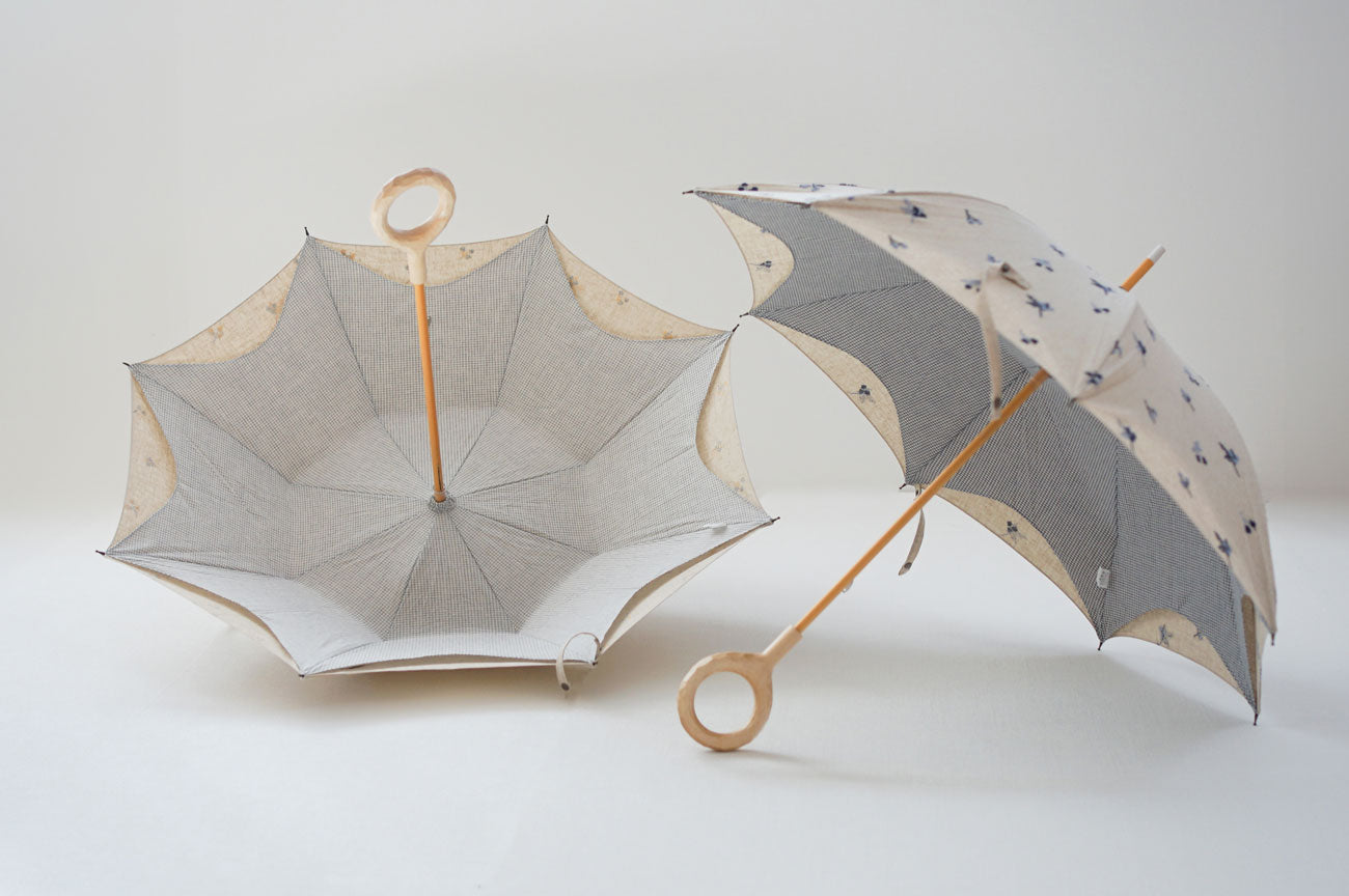 長傘 レディース 日傘 天然素材に咲く小花と木の実の刺繍と細かいギンガムチェックのかわず張り晴雨兼用傘