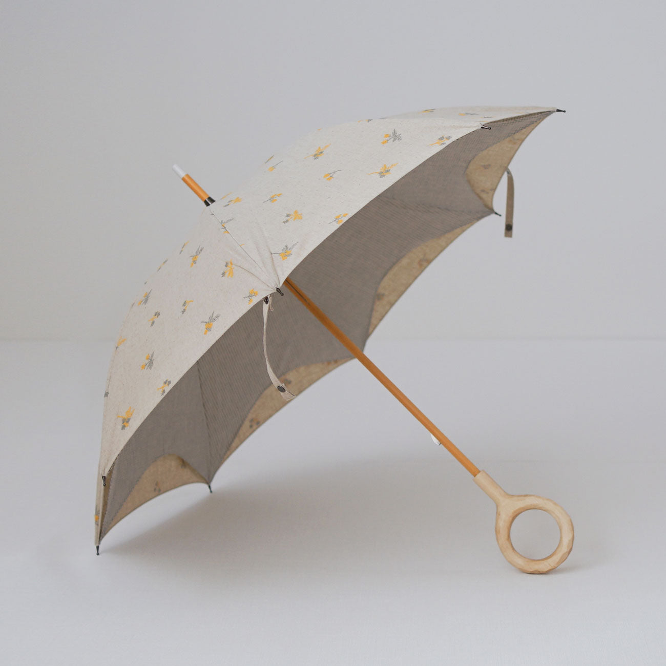 長傘 レディース 日傘 UV 天然素材の日傘 木製シャフト 小宮商店 かわず張り 刺繍チェック イエロー(フラワー)