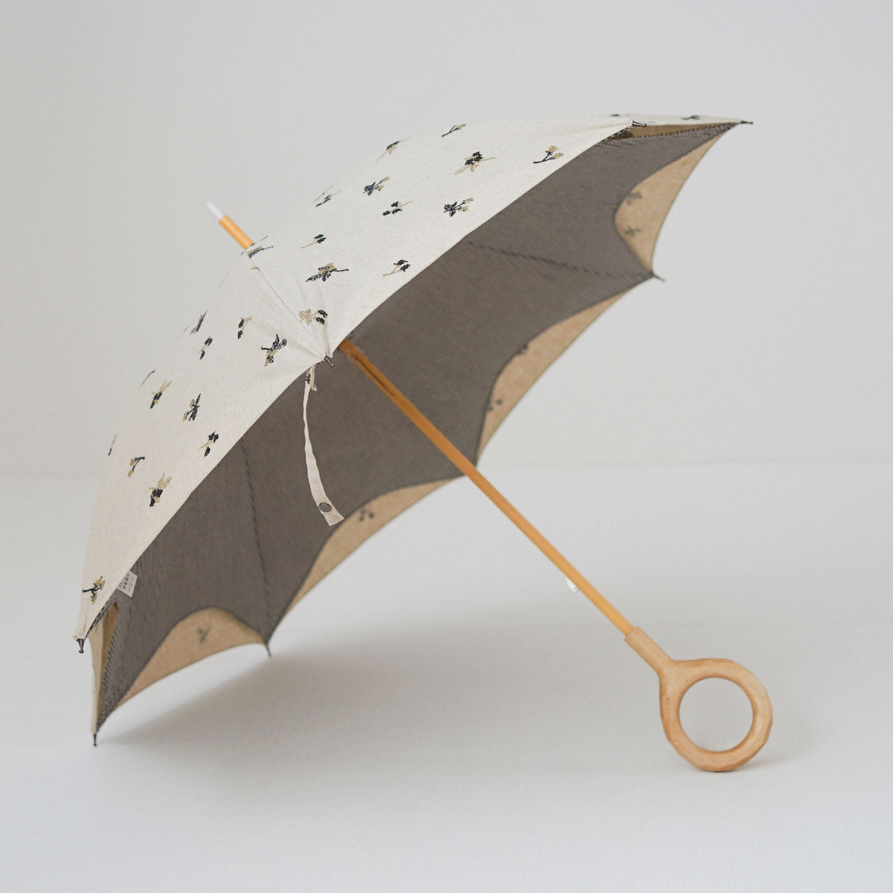 長傘 レディース 日傘 UV 天然素材の日傘 木製シャフト 小宮商店 かわず張り 刺繍チェック ブラック(フラワー)