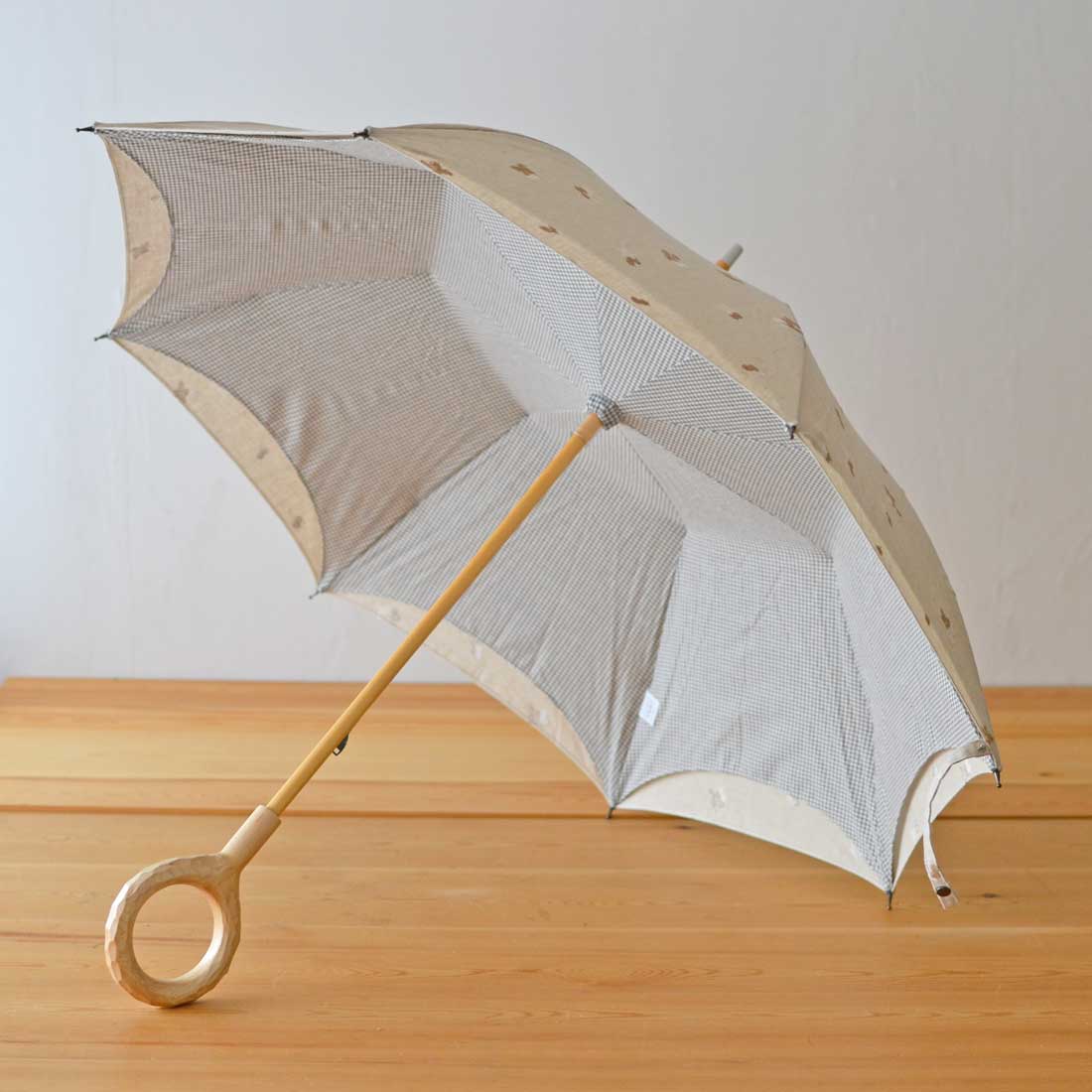 長傘 レディース 日傘 UV 天然素材の日傘 木製シャフト 小宮商店 かわず張り 刺繍チェック ブラウン(木の実)