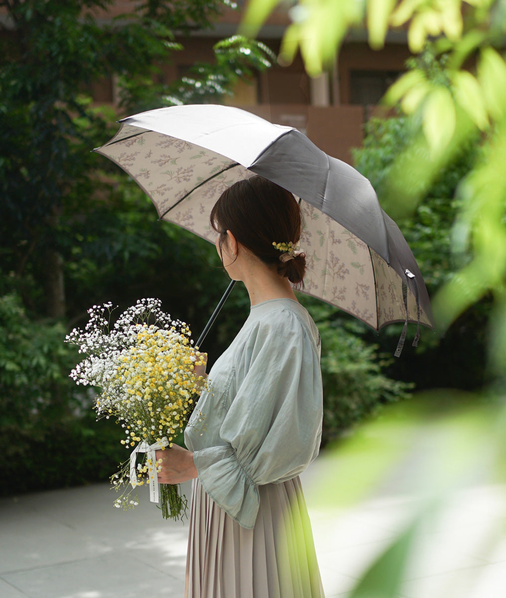 折りたたみ傘 レディース 雨傘 捺染した仮糸と無地の糸を合わせて 二重に織り上げる「裏ほぐし織」