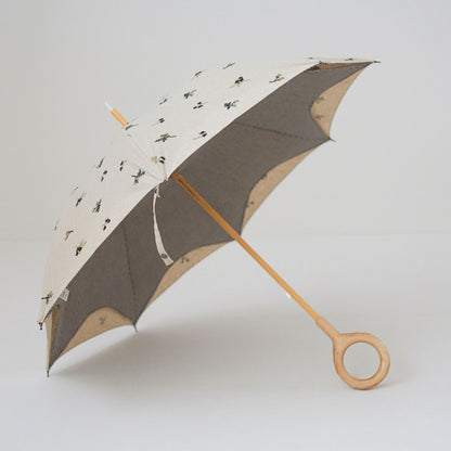 長傘 レディース 日傘 UV 天然素材の日傘 木製シャフト 小宮商店 かわず張り 刺繍チェック ブラック(フラワー)