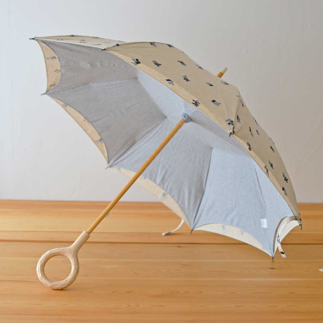 長傘 レディース 日傘 UV 天然素材の日傘 木製シャフト 小宮商店 かわず張り 刺繍チェック ブルー(木の実)
